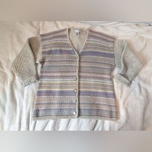 Jump Tricots Pastel Striped Cardigan 100% Wool Shetland L